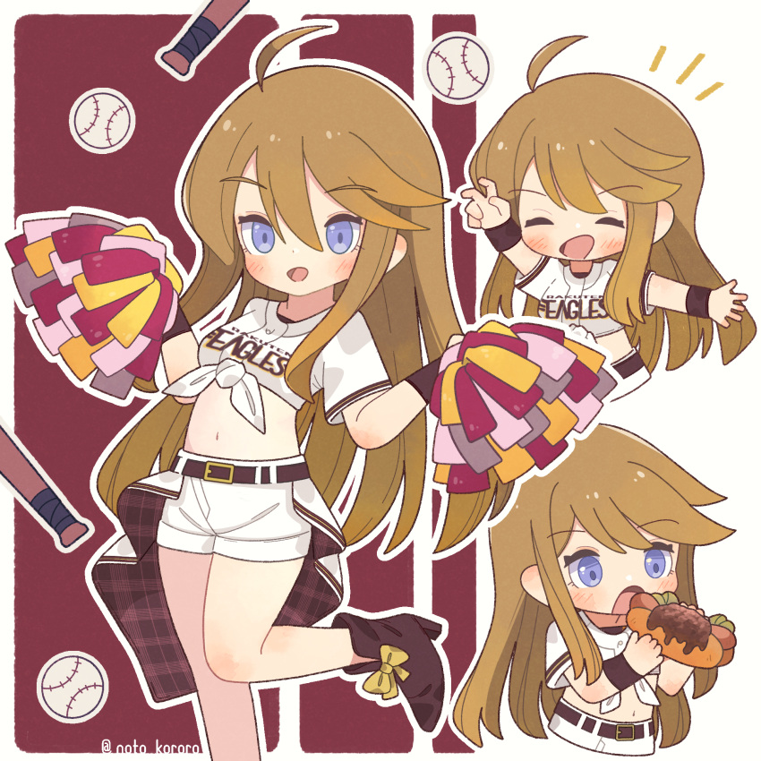 ahoge alternate_costume baseball baseball_bat belt black_wristband blonde_hair blue_eyes blush bow brown_footwear brown_hair cheerleader chili_dog closed_eyes female footwear_bow hair_between_eyes happy highres idolmaster idolmaster_million_live! imminent_bite long_hair multiple_views navel nippon_professional_baseball noto_(user_dajk3722) open_mouth shirt short_shorts shorts tied_shirt tokoro_megumi touhoku_rakuten_golden_eagles twitter_username white_shirt white_shorts yellow_bow