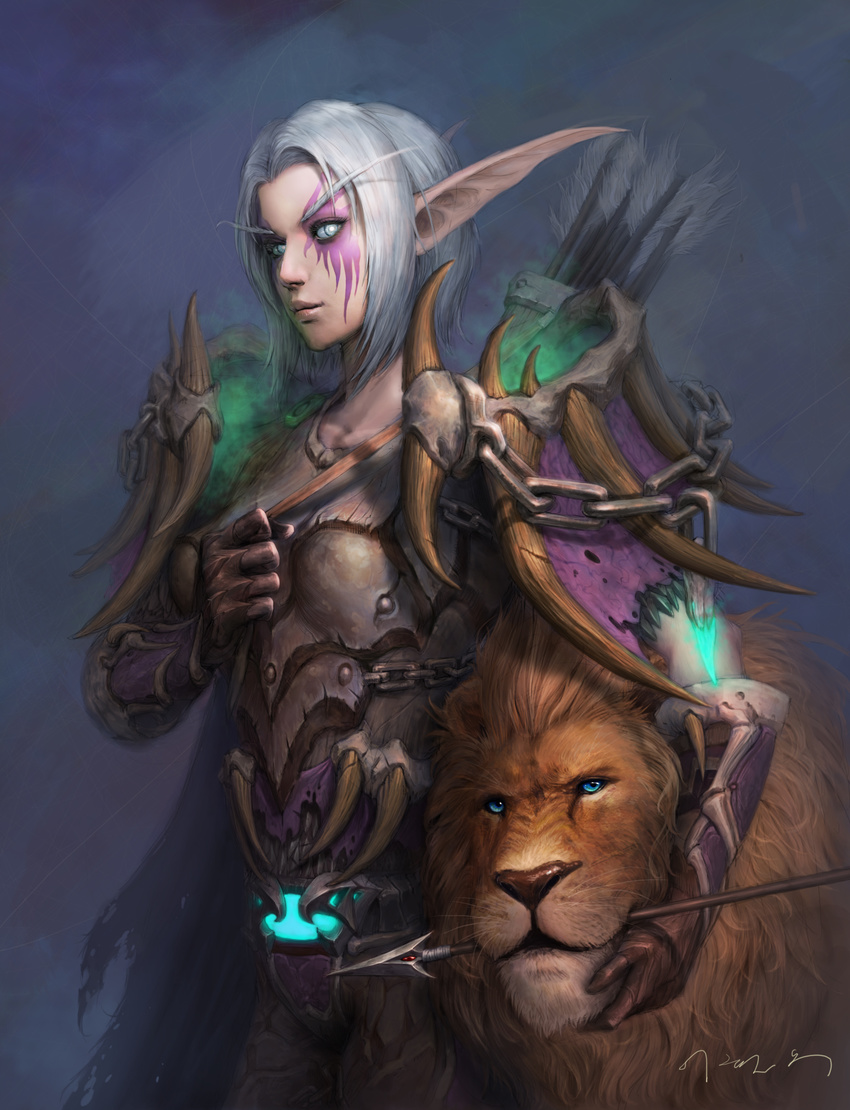 armor arrow chains elf elune elune_(artist) face_mark female gloves highres lion long_ears night_elf pointy_ears sambas short_hair simple_background warcraft weapon white_hair world_of_warcraft