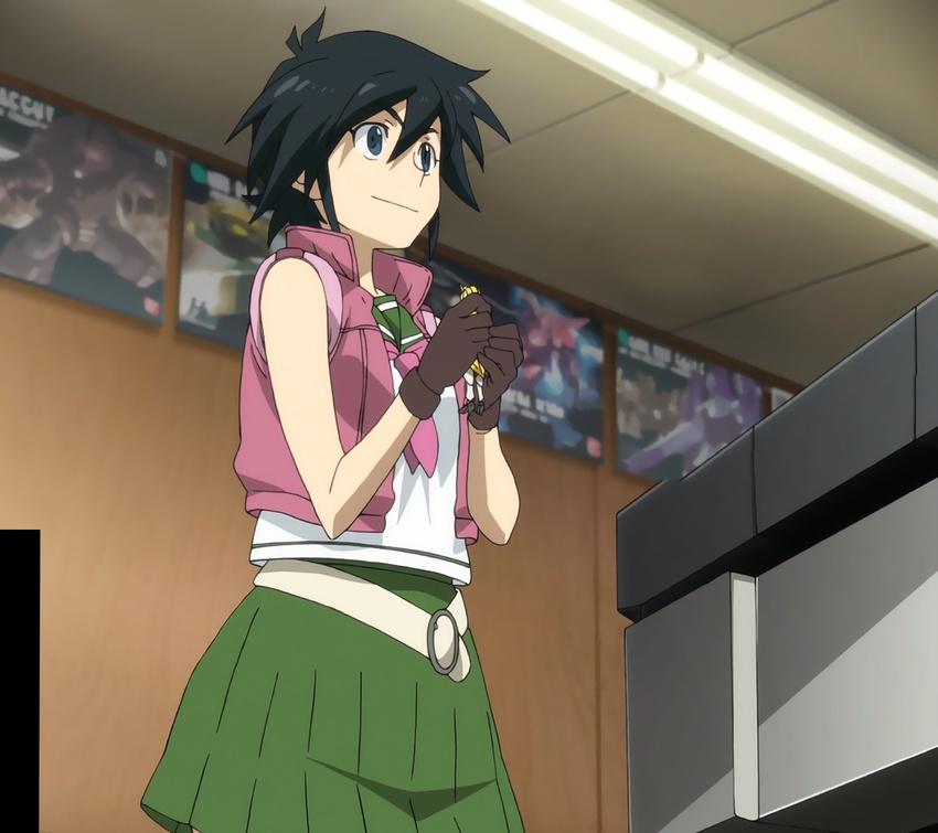 allenby_beardsley_(cosplay) black_hair green_eyes gundam gundam_build_fighters gunpla high_resolution highres imai_alice nobel_gundam nobel_gundam_deco parody pleated_skirt screencap short_hair skirt