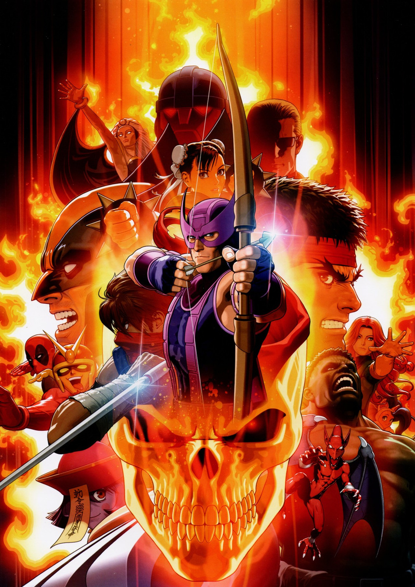 5girls 6+boys albert_wesker arrow_(projectile) bow_(weapon) bruce_banner capcom chun-li clint_barton cover deadpool deadpool_(series) felicia_(vampire) fire flaming_skull ghost_rider hawkeye_(marvel) highres holding holding_bow_(weapon) holding_weapon hulk lei_lei makaimura marvel marvel_vs._capcom marvel_vs._capcom_3 mecha mori_toshiaki multiple_boys multiple_girls official_art phoenix_(x-men) plasma_sword red_arremer resident_evil robot ryu_(street_fighter) sentinel_(x-men) skull storm_(x-men) street_fighter strider_(video_game) strider_hiryuu sunglasses tongue tongue_out vampire_(game) viewtiful_joe viewtiful_joe_(character) weapon wolverine_(x-men) x-men