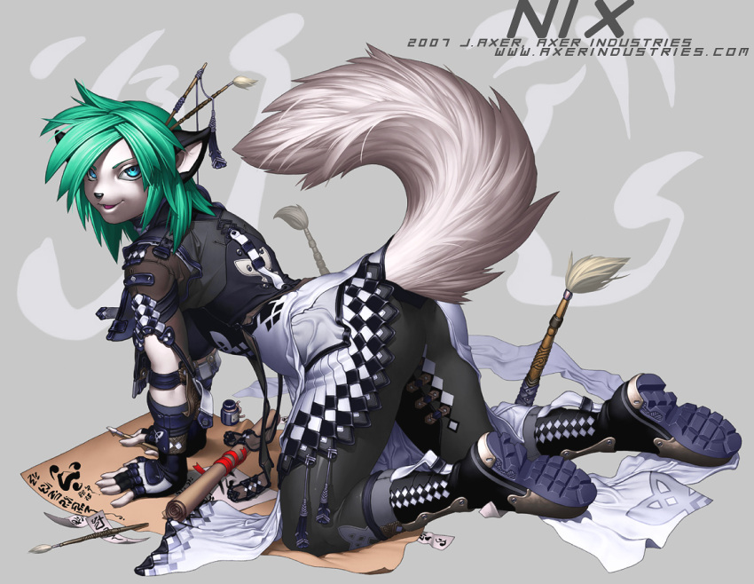 2007 alternative_fashion anthro ass blue_eyes boots brush calligraphy canvas clothed clothing feet felid female footwear green_hair hair j_axer looking_at_viewer mammal nix paintbrush shoe_soles soles solo tail text unknown_species url y2k_(graphic_design)