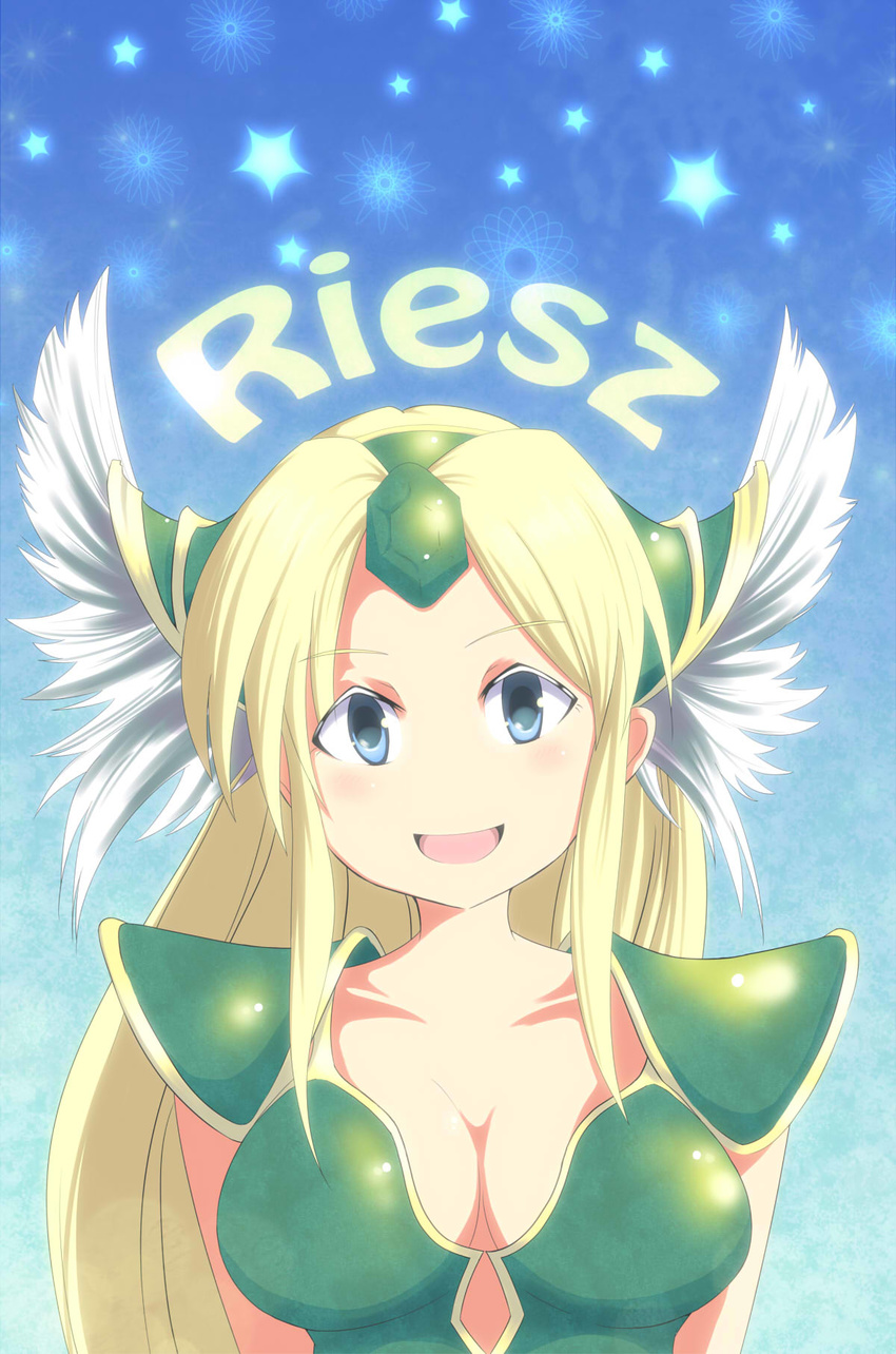 armor blonde_hair blue_eyes breasts character_name cleavage commentary_request famiki female highres long_hair looking_at_viewer no_nose open_mouth riesz seiken_densetsu seiken_densetsu_3 smile solo upper_body