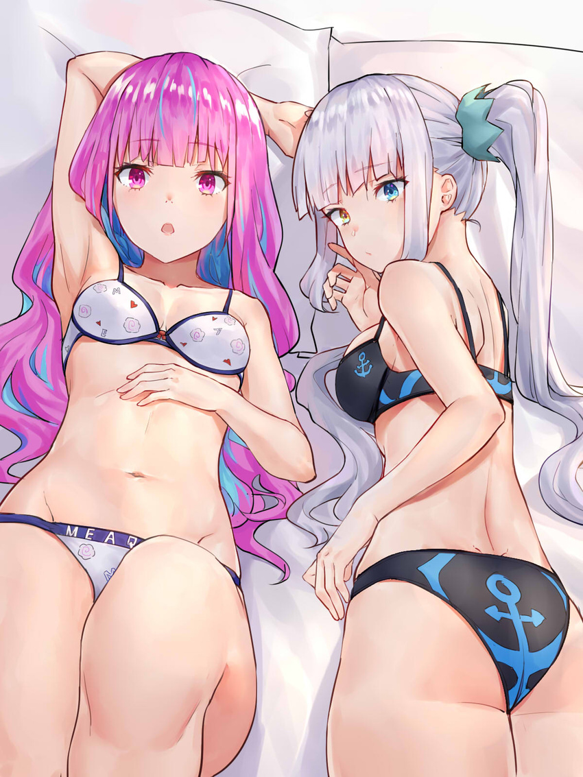 2girls anchor_print arm_behind_head bed_sheet bikini black_bikini blue_eyes blunt_bangs bra breasts butt_crack cleavage closed_mouth collarbone commentary_request cowboy_shot crossover from_above groin heterochromia highres hololive kagura_gumi kagura_mea long_hair looking_at_viewer lying medium_breasts minato_aqua multicolored_hair multiple_girls navel on_back on_stomach open_mouth pink_eyes print_bikini purple_hair senba_(592683801) side_ponytail sideboob sidelocks small_breasts streaked_hair swimsuit underwear very_long_hair virtual_youtuber white_bikini white_hair yellow_eyes