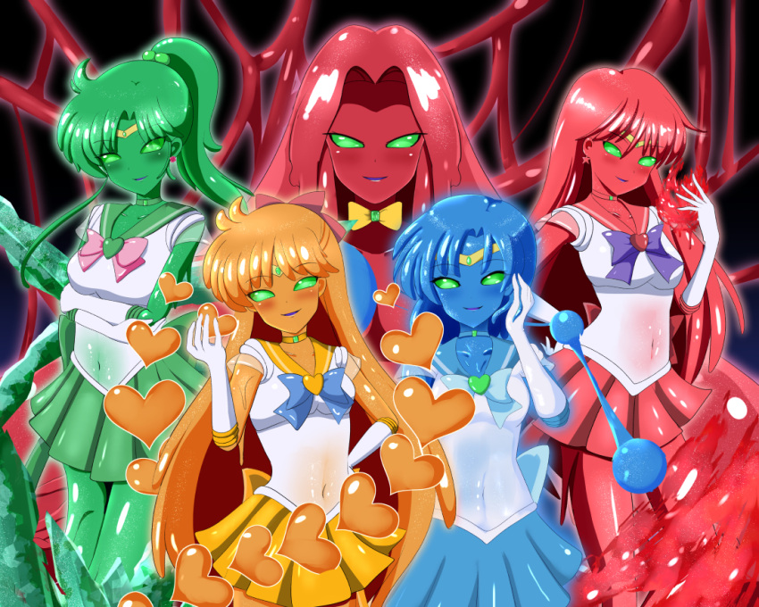 aino_minako arm_at_side bishoujo_senshi_sailor_moon bishoujo_senshi_sailor_moon_r blue_bow blue_choker blue_hair blue_skin blue_skirt blush bow bowtie breasts choker circlet colored_skin corruption cosplay covered_navel crossed_arms earrings elbow_gloves female gloves gradient_background green_choker green_eyes green_skin green_skirt hair_bobbles hair_ornament hairbow hand_on_own_hip hand_up heart heart_earrings hino_rei inner_senshi jamanen jewelry kino_makoto long_hair looking_at_viewer medium_hair mizuno_ami monster_girl monsterification navel necklace orange_choker orange_skin pink_bow ponytail red_choker red_skin red_skirt rethnick sailor_jupiter sailor_mars sailor_mars_(cosplay) sailor_mercury sailor_mercury_(cosplay) sailor_senshi_uniform sailor_venus shirt short_sleeves simple_background skirt sleeveless slime_(substance) slime_girl slimification small_breasts smile solo standing star_(symbol) star_earrings very_long_hair white_gloves white_shirt yellow_bow yellow_bowtie yellow_skirt