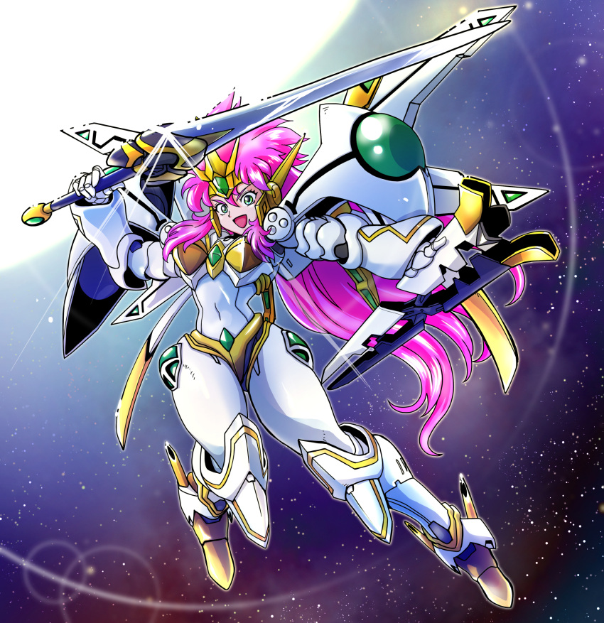 female full_body green_eyes highres holding holding_sheath holding_sword holding_weapon lens_flare long_hair mecha mecha_musume open_mouth pink_hair robot science_fiction sheath smile solo space super_robot_wars super_robot_wars_original_generation sword valsione_r very_long_hair weapon yuzupapa