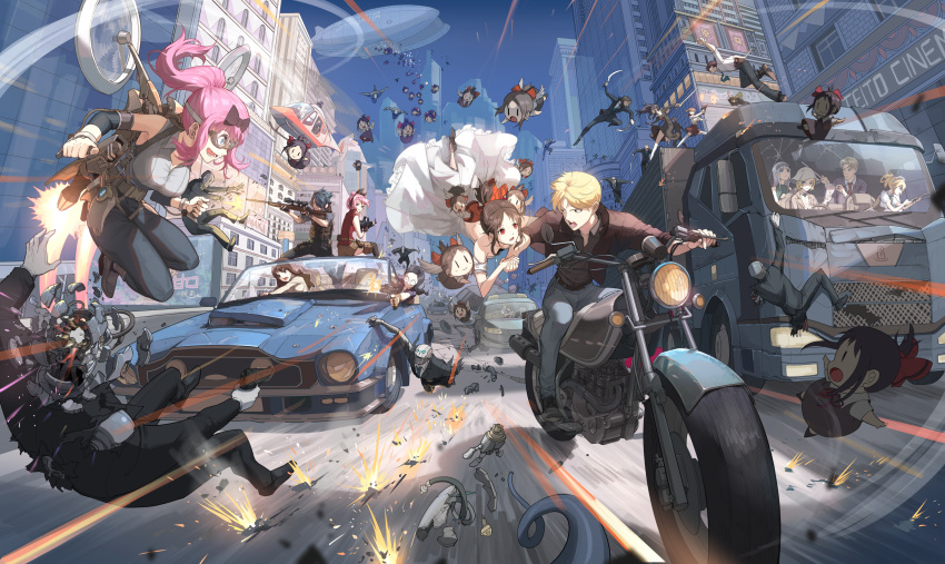 6+boys 6+girls :o absurdres aircraft assault_rifle bare_shoulders black_bow black_hair black_jacket black_pants black_shirt blonde_hair bow breasts brown_hair car character_doll character_request chibi city cleavage collarbone collared_shirt commentary_request couple detached_sleeves dirigible downblouse dress driving father_and_daughter father_and_son firing flying formal frills fujiwara_chika gloves gun hairbow hayasaka_ai hayasaka_nao helicopter helmet high_heels highres holding holding_knife holding_weapon iino_miko ishigami_yuu jacket jetpack kaguya-sama_wa_kokurasetai_~tensai-tachi_no_renai_zunousen~ kashiwagi_nagisa knife koyasu_tsubame large_breasts long_hair low_twintails mother_and_daughter motor_vehicle motorcycle multiple_boys multiple_girls multiple_persona open_mouth osaragi_kobachi outdoors pants pink_hair police_car ponytail red_eyes reference_request revision riding rifle robot shijou_maki shinomiya_kaguya shirogane_chichi shirogane_kei shirogane_miyuki shirt shoes short_hair siblings small_breasts smile sniper_rifle straight tanuma_tsubasa tanziya_(codlxcold) truck twintails vehicle_chase vehicle_focus weapon wedding_dress white_gloves white_wings wings