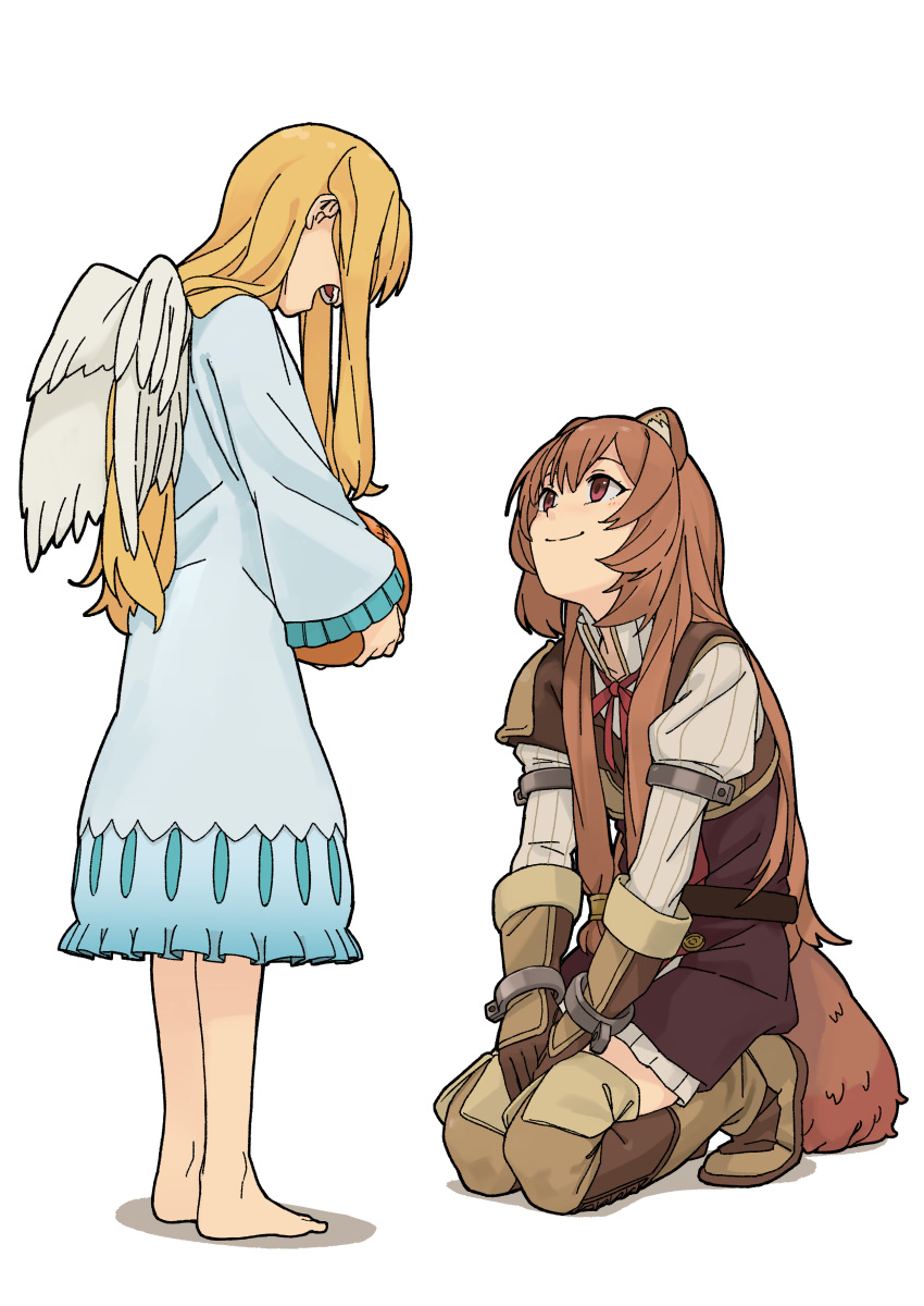 2girls absurdres angel_wings animal_ears ball bangs barefoot belt blonde_hair blue_dress boots brown_dress brown_eyes brown_footwear brown_gloves brown_hair covered_eyes dress firo_(tate_no_yuusha_no_nariagari) from_side full_body gloves hair_tubes high_collar highres holding holding_ball kneeling long_hair long_sleeves looking_at_another multiple_girls neck_ribbon open_mouth raccoon_ears raccoon_girl raphtalia ribbon shima_(landsuzume) simple_background smile standing tate_no_yuusha_no_nariagari thigh_boots thighhighs white_background wings