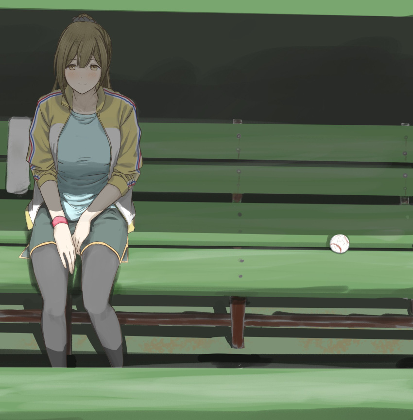 baseball blush breasts dolphin_shorts dugout female hair_between_eyes hair_ornament hair_scrunchie highres idolmaster idolmaster_shiny_colors kuwayama_chiyuki large_breasts leggings leggings_under_shorts looking_at_viewer on_bench oyoso17 ponytail scrunchie shorts sitting sleeves_pushed_up solo sportswear towel wristband