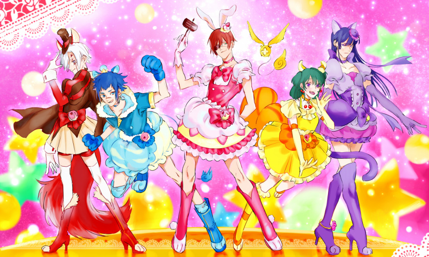 4boys allen_walker alma_karma animal_ears animal_hands arm_behind_back back_bow bike_shorts black_headwear blue_eyes blue_gloves blue_hair blue_legwear blue_skirt boots bow cat_ears choker closed_mouth contrapposto cosplay crossdressing cure_chocolat cure_chocolat_(cosplay) cure_custard cure_custard_(cosplay) cure_gelato cure_gelato_(cosplay) cure_macaron cure_macaron_(cosplay) cure_whip cure_whip_(cosplay) d.gray-man dog_ears elbow_gloves eyepatch facial_mark female floating_hair frilled_skirt frills full_body fur_boots gloves gold_crown green_eyes green_hair hair_between_eyes hat high_heel_boots high_heels holding kaliumxxx kanda_yuu kirakira_precure_a_la_mode knee_boots lavi layered_skirt lenalee_lee long_hair looking_at_viewer mini_hat miniskirt multiple_boys paw_gloves pink_footwear pink_skirt pleated_skirt pointed_crown precure purple_bow purple_eyes purple_footwear purple_gloves purple_hair purple_tail rabbit_ears red_footwear red_hair red_shorts short_shorts short_sleeves shorts shorts_under_skirt skirt smug star_(symbol) thigh_boots thighhighs very_long_hair white_gloves white_hair white_legwear white_skirt yellow_skirt zettai_ryouiki