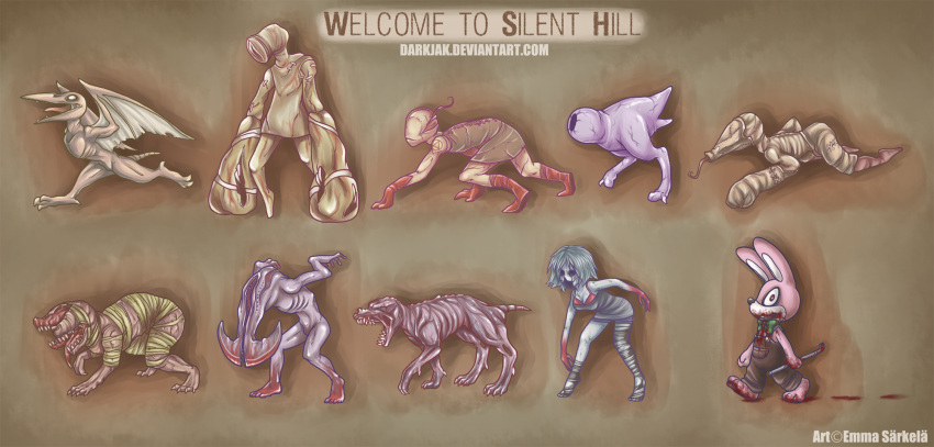 airscreamer_(silent_hill) ambiguous_gender anthro avian bat bird blood bodily_fluids canid canine closer_(silent_hill) clothed clothing creepy digital_media_(artwork) doll_(silent_hill) double_head_(silent_hill) exposed_muscle extinct eyeless female feral feral_(silent_hill) flesh_creature group hi_res humanoid hummer_(silent_hill) konami lagomorph leporid male mammal megabat monster monstrous_humanoid multiple_images numb_body_(silent_hill) patchwork_creature patchwork_monster prehistoric_species pterodactylus pterosaur rabbit reptile robbie_the_rabbit_(silent_hill) scalie schism_(silent_hill) silent_hill slurper_(silent_hill) smile split_head undead valtiel_(silent_hill) vein veiny_skin warped_flesh zombidj