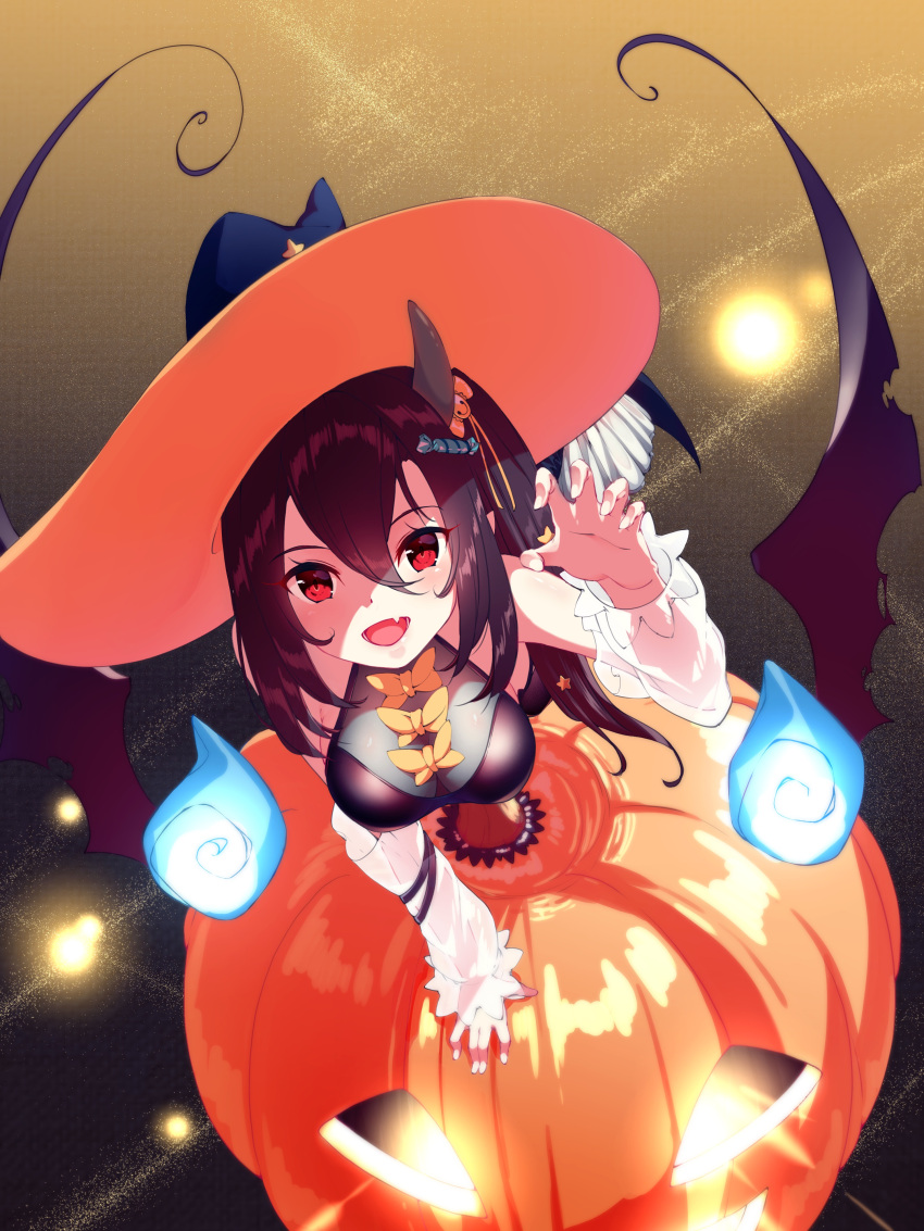 absurdres azur_lane black_hair black_leotard breasts candy_hair_ornament claw_pose detached_sleeves female food-themed_hair_ornament hair_between_eyes hair_ornament halloween_costume hat hatski.sin highres horns isuzu_(azur_lane) isuzu_(night_of_fairy_tale)_(azur_lane) large_breasts large_hat leotard long_hair looking_at_viewer oerba_yun_fang official_alternate_costume open_mouth pumpkin red_eyes ribbon side_ponytail single_horn skin_fang smile solo witch_hat yellow_ribbon