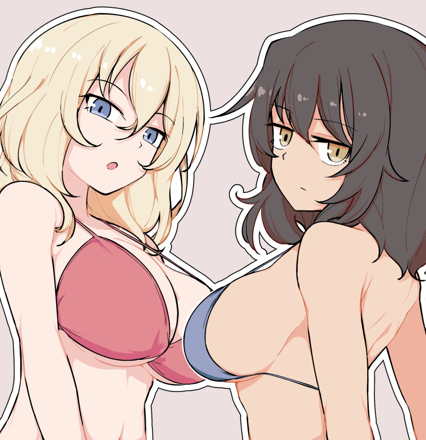 2girls andou_(girls_und_panzer) bikini black_hair blonde_hair blue_bikini blue_eyes breasts brown_background brown_eyes cleavage closed_mouth dark-skinned_female dark_skin girls_und_panzer highres large_breasts looking_at_viewer multiple_girls open_mouth oshida_(girls_und_panzer) red_bikini short_hair shoulder_blades sideboob simple_background swimsuit upper_body zannen_hero