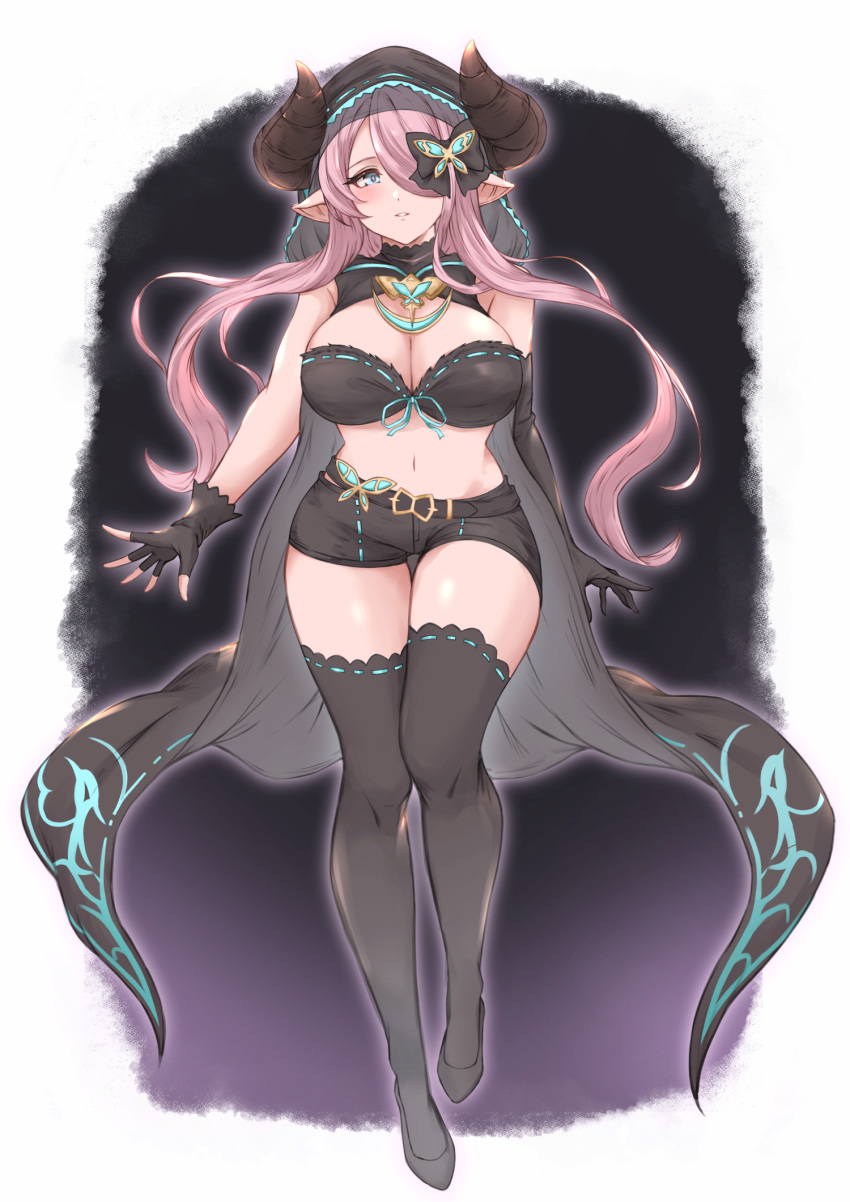 27h_kikyo bare_shoulders bikini black_bikini black_coat black_gloves black_shorts black_thighhighs blue_eyes breasts butterfly_hair_ornament cleavage coat draph female fingerless_gloves full_body gloves granblue_fantasy hair_ornament hair_over_one_eye highres hood horns large_breasts long_hair narmaya_(granblue_fantasy) narmaya_(the_black_butterfly)_(granblue_fantasy) navel official_alternate_costume pointy_ears shorts simple_background solo swimsuit thighhighs thighs