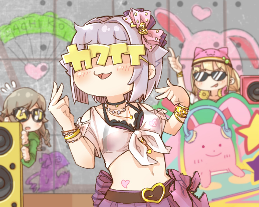 3girls :d bangle belt belt_buckle black_belt black_choker blonde_hair blush bow bra bracelet breasts brown_hair buckle character_name choker clothing_cutout collarbone commentary_request facing_viewer flying_sweatdrops futaba_anzu graffiti grey_hair hair_flaps hair_intakes hairbow hand_gesture hands_up heart heart-shaped_buckle idolmaster idolmaster_cinderella_girls idolmaster_cinderella_girls_starlight_stage jewelry koshimizu_sachiko long_hair morikubo_nono multiple_girls navel pink_bow pleated_skirt purple_bra purple_skirt ringlets see-through shirt short_sleeves shoulder_cutout skirt small_breasts smile sunglasses tied_shirt underwear white_shirt yukie_(kusaka_shi)