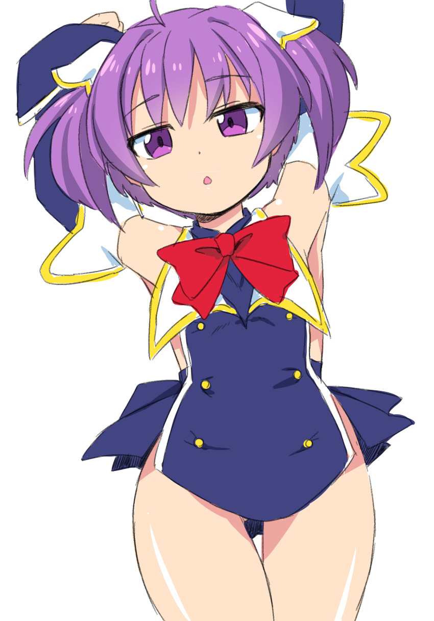 armpits arms_up breasts detached_sleeves female highres keriage myu_(quiz_magic_academy) no_panties open_mouth purple_eyes purple_hair quiz_magic_academy school_uniform small_breasts solo two_side_up