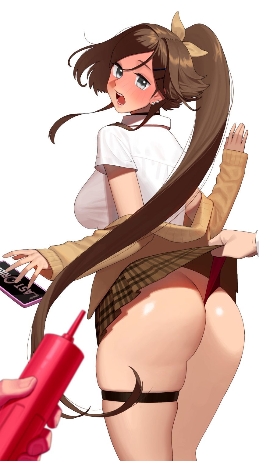 absurdres ass blush breasts brown_hair cardigan cellphone cowboy_shot dc_(makezzal) female from_behind grey_eyes highres khan_the_swift large_breasts last_origin lips long_hair looking_at_viewer looking_back official_alternate_costume open_cardigan open_clothes panties phone pleated_skirt ponytail pov pov_hands red_panties school_uniform shirt short_sleeves sideboob sidelocks simple_background skirt smartphone thigh_strap underwear very_long_hair wedgie white_background white_shirt