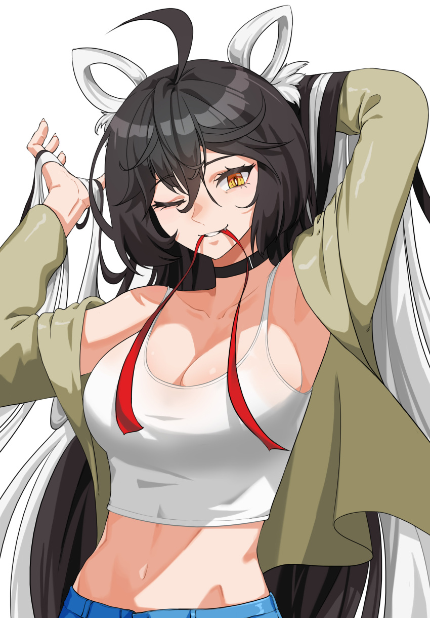 absurdres ahoge alfie_(tmdals7645) alternate_costume ara_haan arm_up armpits black_hair breasts character_request check_character choker cleavage collarbone crop_top elsword female green_jacket hand_in_own_hair hand_up highres jacket large_breasts long_sleeves looking_at_viewer midriff mouth_hold multicolored_hair navel one_eye_closed ribbon shakti_(elsword) shirt simple_background solo tank_top teeth_hold two-tone_hair upper_body white_background white_hair white_shirt