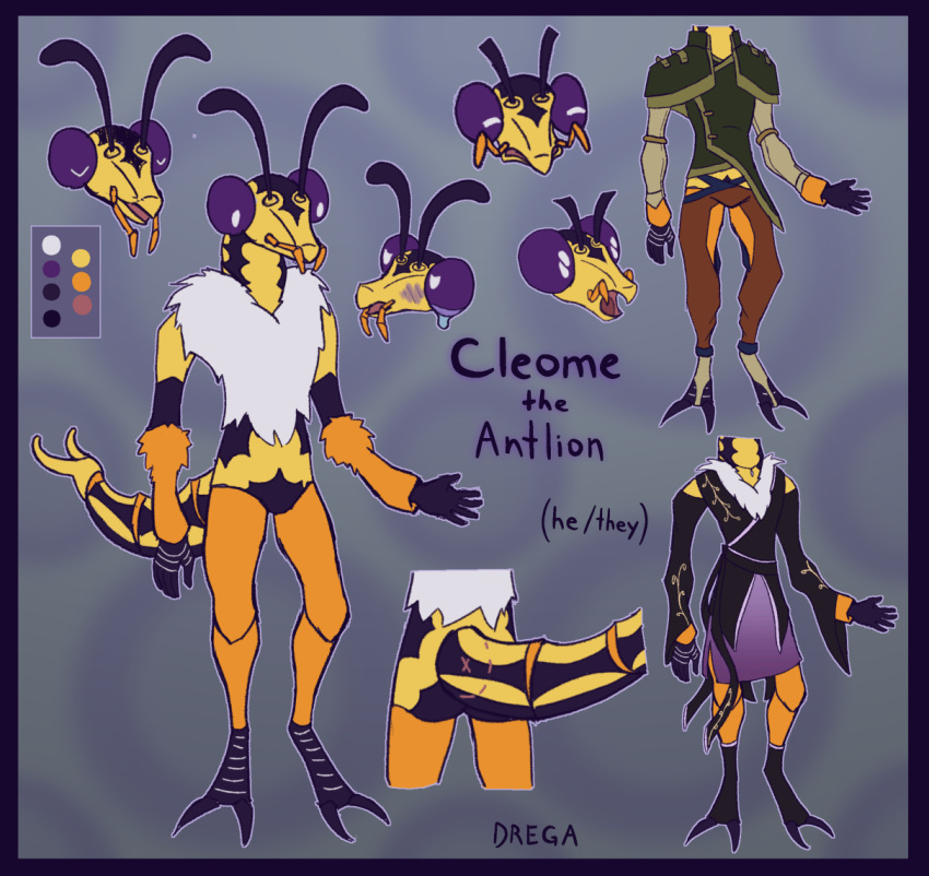 ambiguous_gender antennae_(anatomy) anthro antlion arthropod asian_clothing border bottomwear chaps clothing dregadude east_asian_clothing expressions fluffy_chest footwear insects japanese_clothing kimono model_sheet nude purple_border shirt skirt socks solo topwear