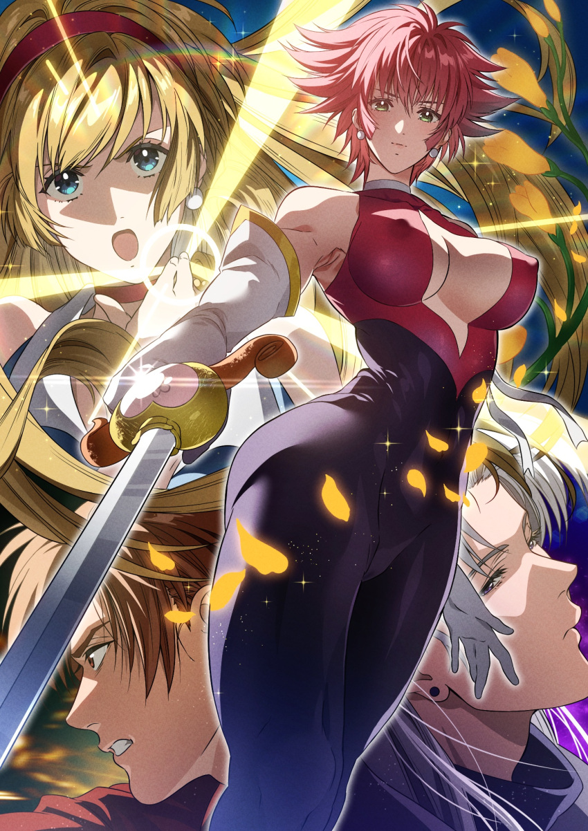 2boys :o armpits bare_shoulders blonde_hair blue_eyes bodysuit breasts breasts_apart brown_eyes brown_hair choker cleavage cleavage_cutout closed_mouth clothing_cutout covered_navel covered_nipples cutie_honey cutie_honey_(character) detached_sleeves earrings elbow_gloves female flower gloves green_eyes grey_hair hairband highres holding holding_sword holding_weapon jewelry kisaragi_honey large_breasts long_hair looking_at_viewer multiple_boys multiple_views open_mouth parted_lips petals purple_eyes red_choker red_hair red_hairband red_shirt serious shirt short_hair skin_tight sleeveless sparkle spiked_hair sword teeth thighs turtleneck weapon white_gloves yuu_(masarunomori)