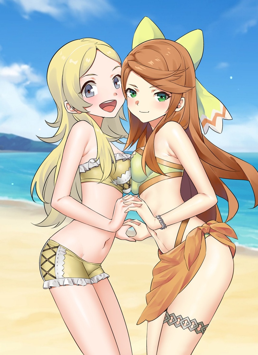 2girls alternate_costume alternate_hairstyle asymmetrical_docking beach bikini blonde_hair bracelet breast_press breasts cloud cloudy_sky corset etie_(fire_emblem) fire_emblem fire_emblem_awakening fire_emblem_engage frilled_bikini frills green_bikini grey_eyes highres holding_hands igni_tion jewelry lissa_(fire_emblem) long_hair looking_at_viewer multiple_girls ocean open_mouth orange_hair outdoors sky small_breasts standing swept_bangs swimsuit teeth thigh_strap upper_teeth_only water yellow_bikini