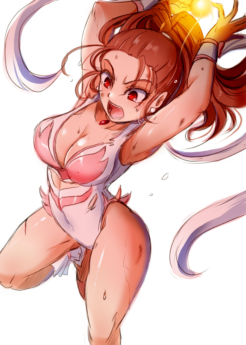 angel_leotard barbara_(dq6) breasts brown_hair cleavage dragon_quest dragon_quest_vi female high_ponytail highleg highleg_leotard highres leotard long_hair medium_breasts open_mouth ponytail red_eyes simple_background solo suga_leon white_background white_leotard white_wristband