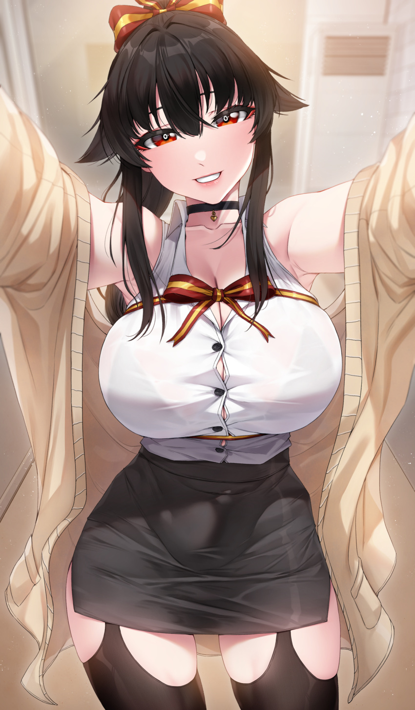 absurdres akchu bare_shoulders black_hair blush breasts bursting_breasts button_gap buttons chobi_(akchu) choker cleavage commentary_request female hair_between_eyes hair_ribbon highres huge_breasts long_hair original outstretched_arms red_eyes ribbon shirt sidelocks smile thighhighs thighs undersized_clothes white_shirt wide_hips