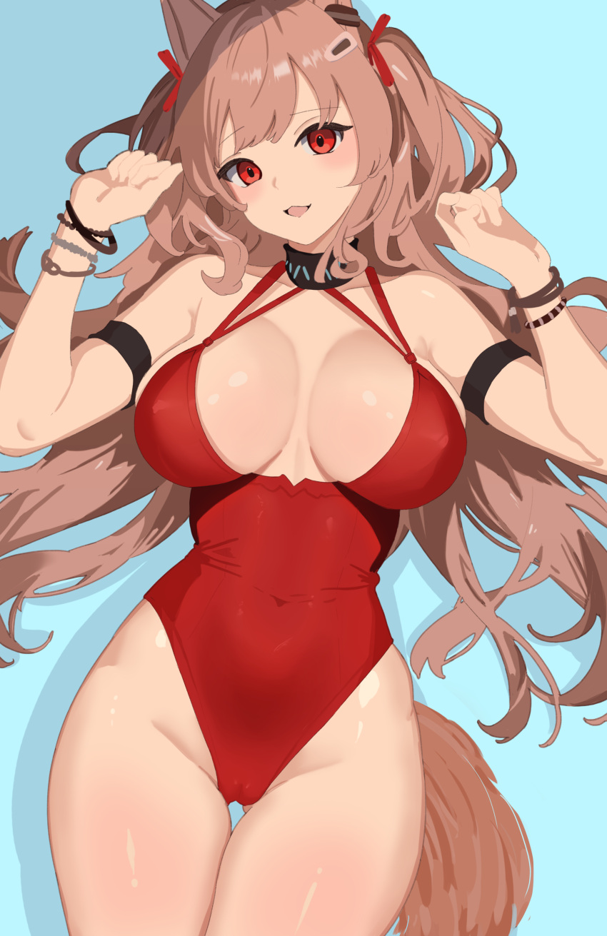 absurdres alternate_hairstyle angelina_(arknights) angelina_(summer_flower)_(arknights) animal_ears arknights ass_visible_through_thighs binware black_collar bracelet breasts brown_eyes brown_hair casual_one-piece_swimsuit cleavage collar covered_nipples female fox_ears fox_girl fox_tail hands_up highleg highleg_swimsuit highres infection_monitor_(arknights) jewelry long_hair looking_at_viewer necklace official_alternate_costume one-piece_swimsuit red_one-piece_swimsuit red_ribbon ribbon smile spaghetti_strap swimsuit tail thigh_gap thighs two_side_up