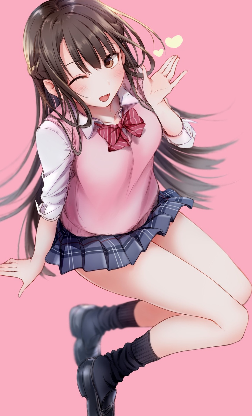 ;d ai_kiss_2 black_footwear black_socks blush bow bowtie braid brown_eyes brown_hair diagonal_stripes dress_shirt female from_above half_updo heart highres kirisawa_saki long_hair long_sleeves looking_at_viewer looking_up mole mole_under_eye one_eye_closed open_mouth pink_background pink_sweater_vest plaid plaid_skirt red_bow red_bowtie saegusa_ayame shirt shoes simple_background skirt sleeves_rolled_up smile socks solo striped_bow striped_bowtie striped_clothes sweater_vest thighs waving white_shirt