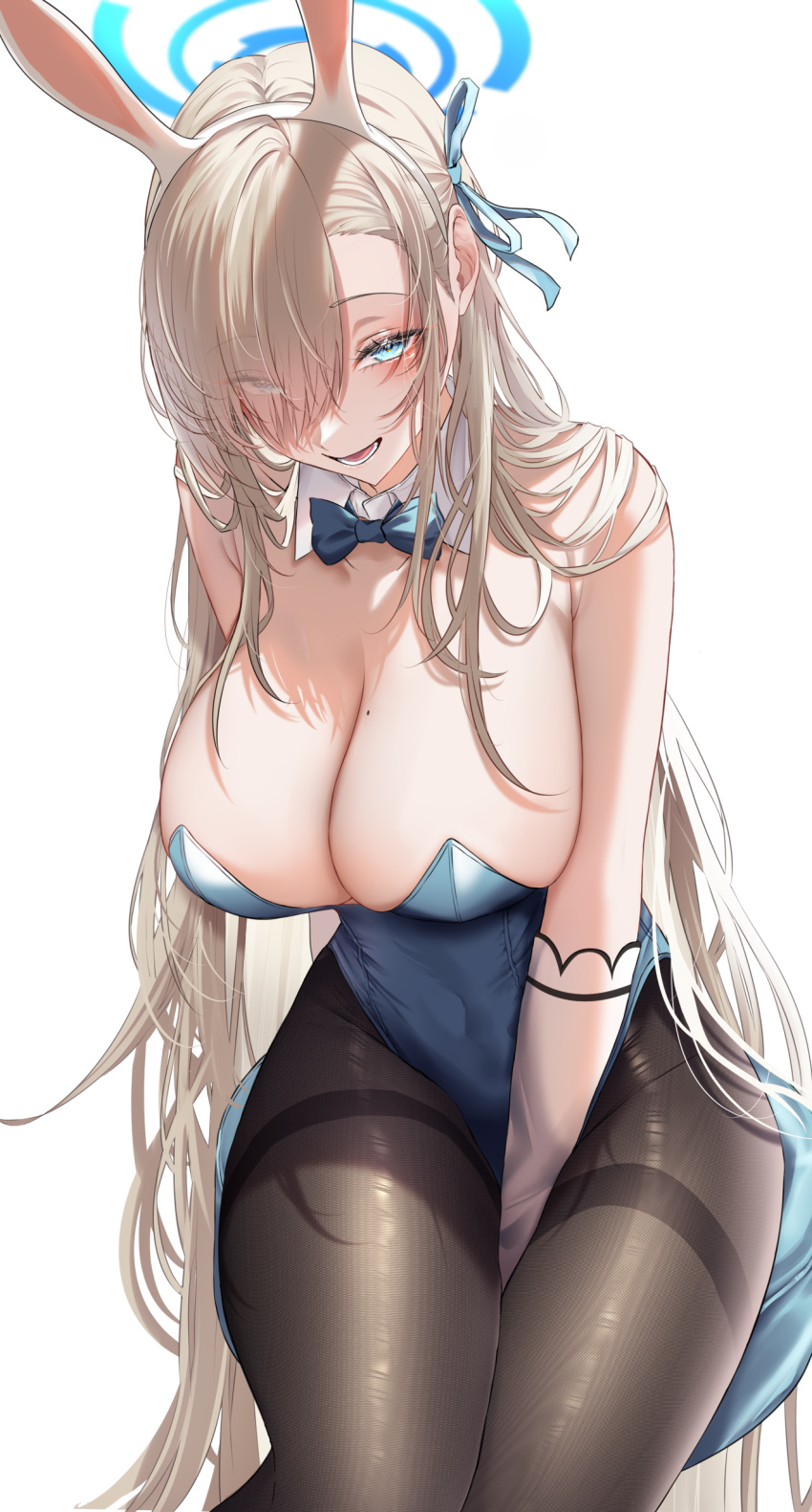 absurdres animal_ears arm_between_legs asuna_(blue_archive) asuna_(bunny)_(blue_archive) bare_shoulders blonde_hair blue_archive blue_bow blue_bowtie blue_halo blue_leotard blue_ribbon bow bowtie breasts brown_pantyhose chair cleavage commentary_request detached_collar eyes_visible_through_hair fake_animal_ears female hair_over_one_eye hair_over_shoulder hair_ribbon halo highres large_breasts leotard long_hair looking_at_viewer lower_teeth_only mole mole_on_breast official_alternate_costume on_chair onineko-chan open_mouth pantyhose playboy_bunny rabbit_ears ribbon simple_background sitting smile solo strapless strapless_leotard teeth very_long_hair white_background