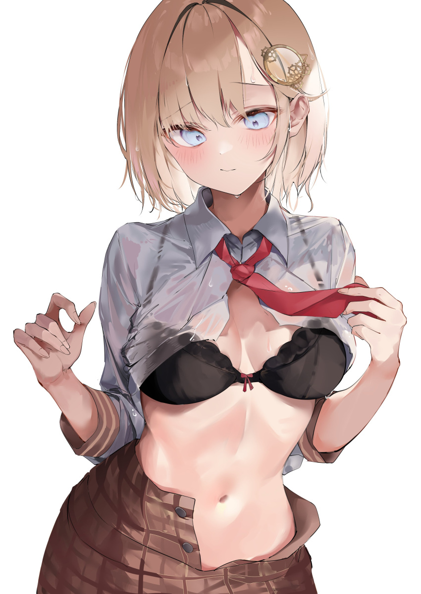 absurdres black_bra blonde_hair blue_eyes blush bra bra_visible_through_clothes breasts brown_skirt cleavage closed_mouth collared_shirt commentary embarrassed female hair_intakes hands_up highres holding_necktie hololive hololive_english long_sleeves looking_down medium_breasts monocle navel necktie open_clothes open_shirt parted_bangs pepq plaid plaid_skirt red_necktie see-through see-through_shirt shirt short_hair simple_background skirt solo stomach symbol-only_commentary underwear virtual_youtuber watson_amelia watson_amelia_(1st_costume) white_background white_shirt