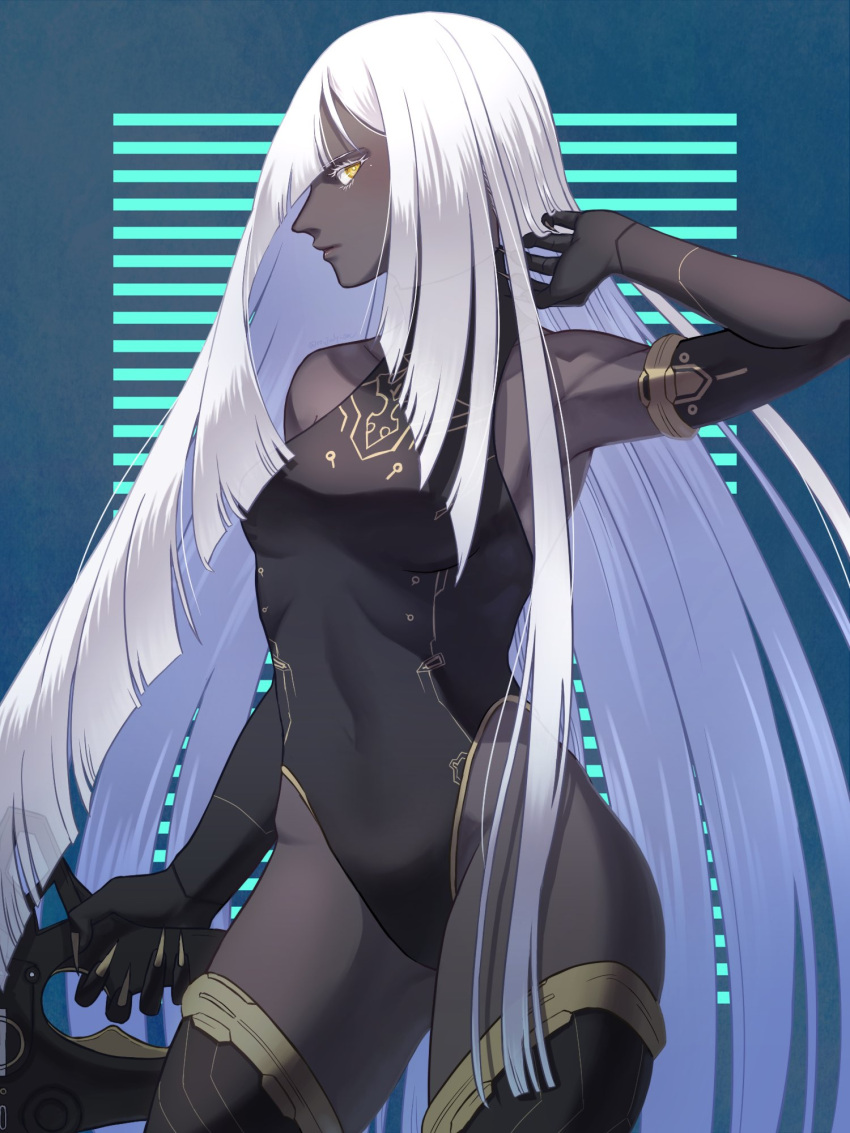 black_gloves black_leotard blonde_hair blue_background bodysuit dark-skinned_female dark_skin elbow_gloves female fingernails gloves gold_nails gold_trim hand_in_own_hair highres leotard long_hair looking_at_viewer nier_(series) nier_reincarnation ro_july_om sharp_fingernails solo standing strapless strapless_leotard striped striped_background very_long_hair yellow_eyes yurie_(nier)