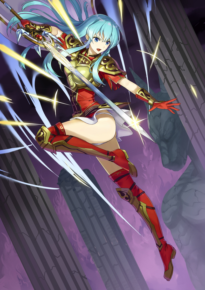 absurdres aqua_hair armor ass blue_eyes boots breastplate cape clothes_lift column commission eirika_(fire_emblem) female fighting_stance fire_emblem fire_emblem:_the_sacred_stones full_body gloves highres holding holding_sword holding_weapon leg_up long_hair looking_at_viewer looking_down miniskirt mytea_(soso) open_mouth panties pantyshot pillar red_footwear red_gloves red_thighhighs ruins short_sleeves skeb_commission skirt skirt_lift statue sword thigh_boots thighhighs underwear upskirt v-shaped_eyebrows weapon white_panties wind wind_lift