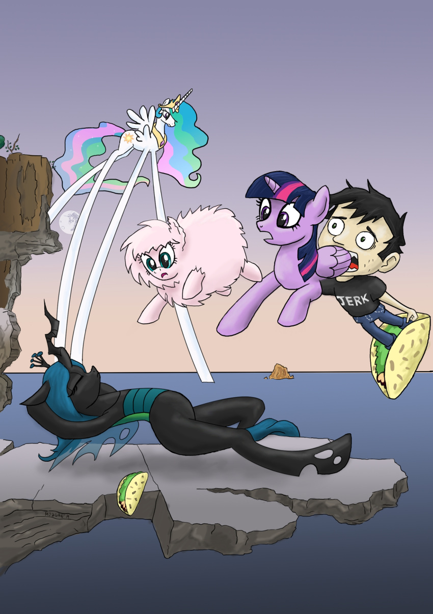 2014 absurd_res alicorn arthropod black_body black_clothing black_shirt black_topwear blue_bottomwear blue_clothing blue_pants bottomwear changeling cliff clothed clothing crown dan_(dan_vs.) dan_vs. detailed_background english_text equid equine fan_character female feral floating fluffle_puff fluffy food friendship_is_magic fur group hasbro headgear hi_res horn horse human inspired_by_formal_art jumping long_legs lying male mammal moon mozgan my_little_pony mythological_creature mythological_equine mythology on_back open_mouth outside pants pink_body pink_fur pony princess_celestia_(mlp) purple_body queen_chrysalis_(mlp) shirt signature sky taco text text_on_clothing text_on_shirt text_on_topwear topwear twilight_sparkle_(mlp) walking water white_body wings