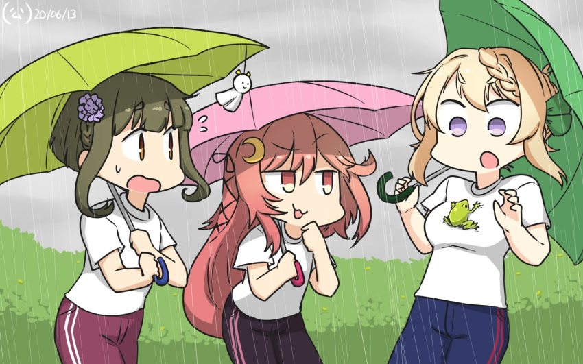 3girls ahoge alternate_costume black_pants blonde_hair bob_cut braid braided_bun brown_eyes commentary_request crescent crescent_hair_ornament dated frog green_hair green_pants green_umbrella hair_bun hair_ornament hair_ribbon hamu_koutarou highres kantai_collection long_hair long_sleeves multiple_girls one-hour_drawing_challenge outdoors pants perth_(kancolle) pink_eyes pink_hair pink_umbrella purple_eyes purple_pants rain ribbon shirt short_hair sidelocks t-shirt takanami_(kancolle) teruterubouzu track_pants umbrella uzuki_(kancolle) white_shirt yellow_umbrella