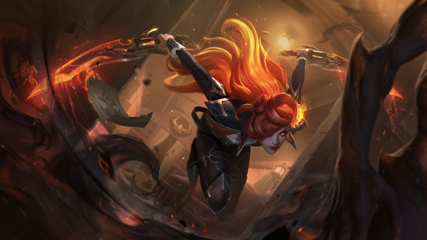 absurdres artist_request battle black_jacket black_pants closed_mouth dagger dual_wielding female glowing glowing_eye hair_over_one_eye high_noon_katarina highres holding holding_dagger holding_knife holding_weapon indoors jacket katarina_(league_of_legends) knife lamp league_of_legends long_sleeves official_art pants paper red_hair red_lips scar scar_across_eye smile solo weapon