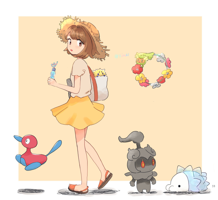 alternate_costume bag bottle brown_eyes brown_hair comfey commentary_request eyelashes female full_body gloria_(pokemon) hat highres holding holding_bottle in_bag in_container joltik looking_at_viewer looking_to_the_side marshadow orange_footwear pokemon pokemon_(creature) pokemon_swsh porygon2 protected_link sandals shirt short_hair short_sleeves skirt snom standing straw_hat toes twitter_username white_bag yellow_skirt yja61