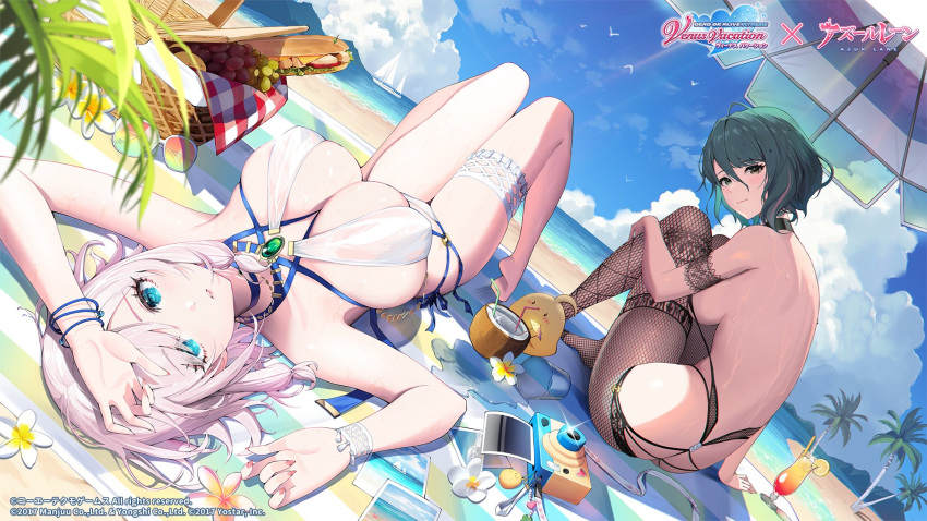 2girls arms_up ass azur_lane back bare_arms bare_back bare_shoulders beach beach_mat beach_umbrella bikini bird black_choker blue_eyes breasts bridal_garter brown_pantyhose chick choker coconut commentary_request day dead_or_alive dead_or_alive_xtreme drinking_straw dutch_angle fishnet_pantyhose fishnets from_behind fruit_cup green_eyes green_hair highres knees_up large_breasts long_hair looking_at_viewer looking_back luna_(doa) luna_(venus_of_the_beach)_(doa) lying manjuu_(azur_lane) mole mole_under_eye multiple_girls official_alternate_costume official_art on_back outdoors pantyhose pink_hair second-party_source short_hair sideboob sitting skindentation swimsuit tamaki_(doa) tamaki_(venus_shower_time)_(doa) thighs umbrella wet white_bikini white_hair yuri_(chocho_q)