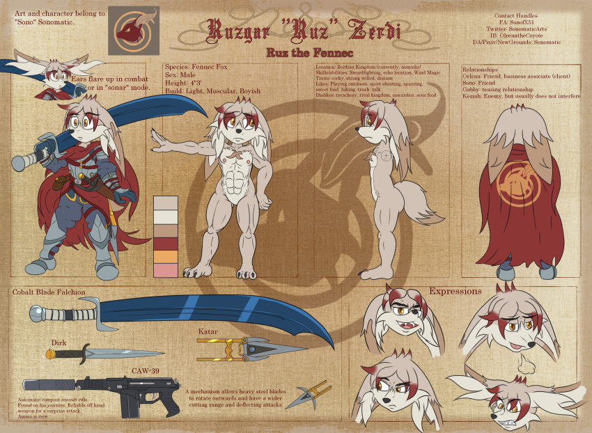 amber_eyes armor canid canine cape chest_tuft clothing dagger emblem english_text fennec_fox fox gun hi_res inner_ear_fluff katar knife knight long_ears male mammal melee_weapon model_sheet muscular ranged_weapon ruz_the_fennec safe_nudity short sonomatic sword text true_fox tuft warrior weapon