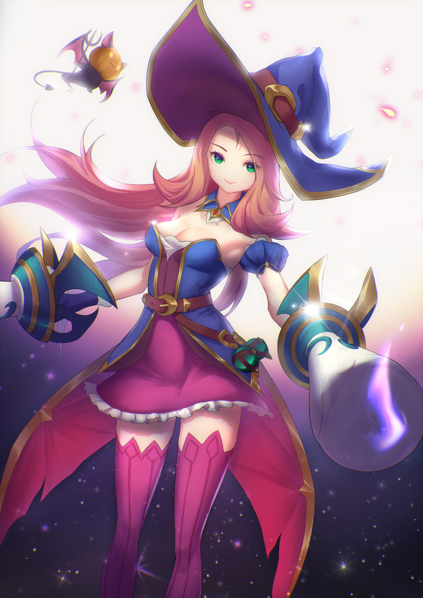 alternate_costume bare_shoulders bat_(animal) belt bewitching_miss_fortune breasts brooch brown_hair candle cleavage detached_collar dress dual_wielding female fire gold_trim gradient_background green_eyes hat hat_belt highres holding jewelry league_of_legends lolittleboy long_hair medium_breasts miss_fortune_(league_of_legends) pink_dress pink_legwear purple_fire smile thighhighs witch_hat