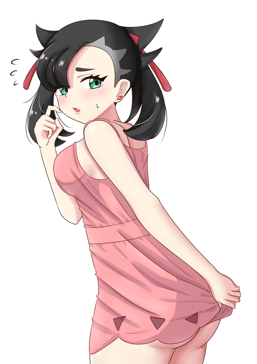 absurdres ass black_hair blush breasts commentary_request dress dress_tug earrings female flying_sweatdrops green_eyes highres jewelry maho_(corotonton5150) marnie_(pokemon) medium_breasts open_mouth pink_dress pokemon pokemon_swsh short_dress simple_background solo stud_earrings sweatdrop twintails white_background