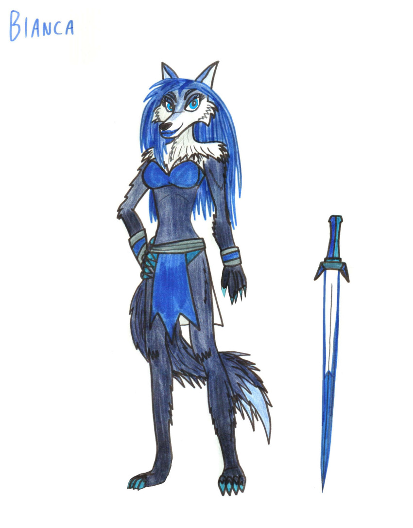 anthro armwear beats bianca_(sheep_and_wolves) blue_body blue_eyes blue_fur blue_hair blue_lips bottomwear breasts canid canine canis clothed clothing fantasy female fur hair hi_res lips loincloth mammal melee_weapon neotroid12 russian sheep_and_wolves simple_background solo sword topwear warrior weapon wizart_animation wolf wristband