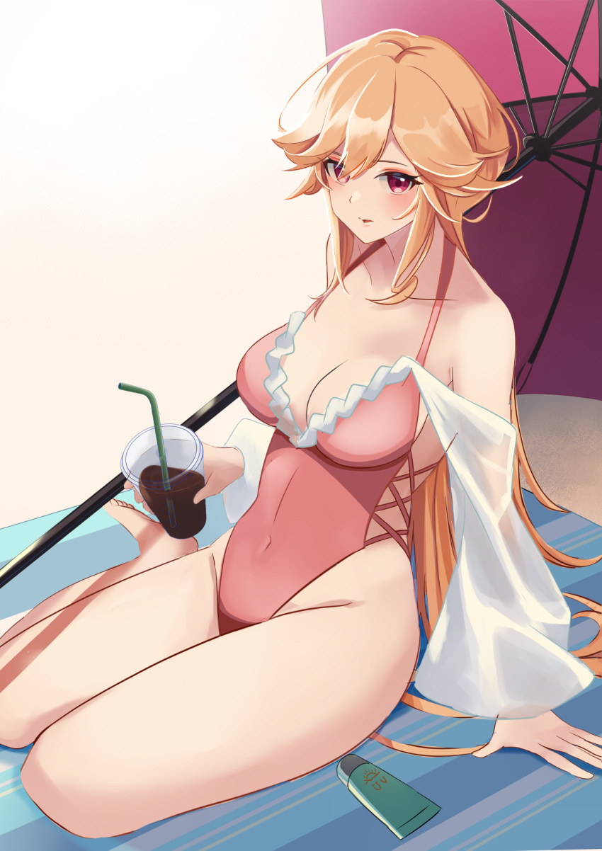 arm_support azur_lane bad_id bad_pixiv_id barefoot beach beach_umbrella breasts cleavage commentary covered_navel cup disposable_cup drinking_straw female frilled_one-piece_swimsuit frills full_body highleg highleg_swimsuit highres large_breasts leaning_forward long_hair looking_at_viewer lotion manjirou_(manji_illust) multiple_straps official_alternate_costume one-piece_swimsuit orange_hair pink_one-piece_swimsuit purple_umbrella red_eyes revision richelieu_(azur_lane) richelieu_(fleuron_of_the_waves)_(azur_lane) sand see-through see-through_sleeves side-tie_swimsuit sitting solo sunscreen swimsuit umbrella very_long_hair yokozuwari