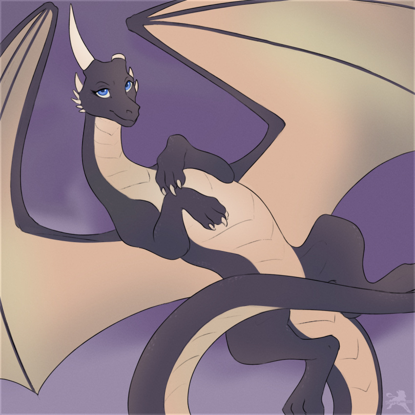 1:1 blue_eyes broken_horn camodellas claws dragon dragon_wings female feral fluffymare hi_res horn inktober inktober_2022 kinktober mythological_creature mythological_scalie mythology pinup pose scalie simple_background solo spread_wings tail wings