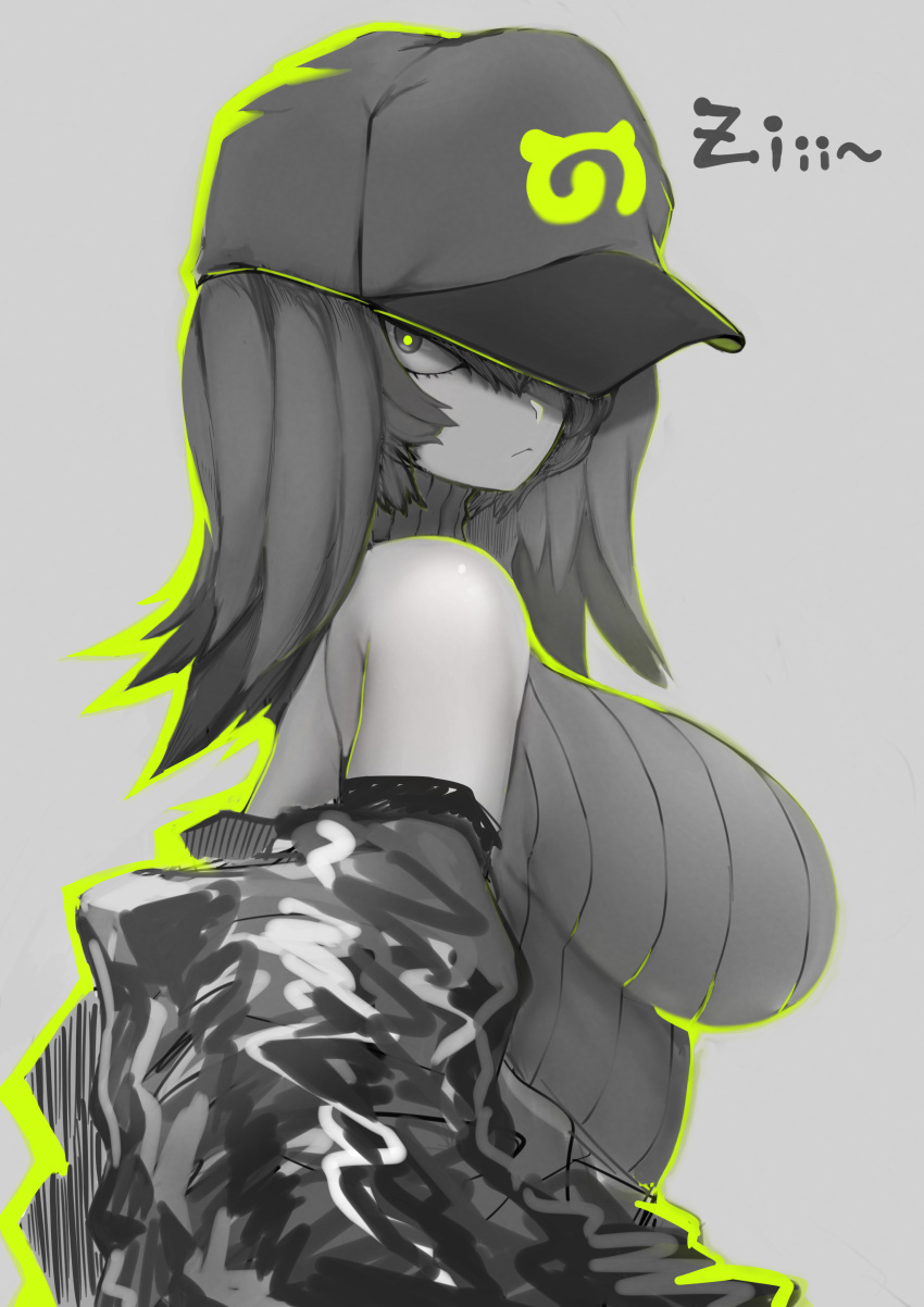 absurdres alternate_breast_size alternate_costume bare_shoulders baseball_cap breasts closed_mouth female fuzinoe_13b grey_background hat highres huge_breasts jacket japari_symbol kemono_friends long_hair looking_at_viewer monochrome off_shoulder partially_colored shoebill_(kemono_friends) simple_background sleeveless sleeveless_sweater solo sound_effects staring sweater turtleneck turtleneck_sweater upper_body