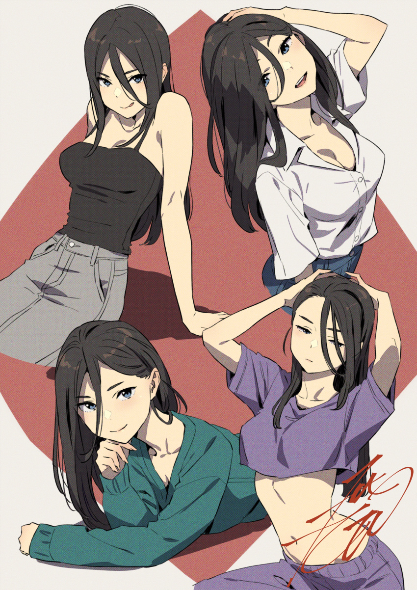 :p adjusting_hair aqua_shirt arms_behind_back black_camisole black_hair blue_eyes blue_pants breasts camisole cleavage collage denim female grey_pants hair_between_eyes hand_in_own_hair head_on_hand highres jeans kobayashi_gen long_hair looking_at_viewer looking_up lying medium_breasts midriff navel on_stomach open_mouth pants purple_pants purple_shirt school_girl_strikers shiranui_hazuki shirt short_sleeves signature simple_background sitting tongue tongue_out white_shirt