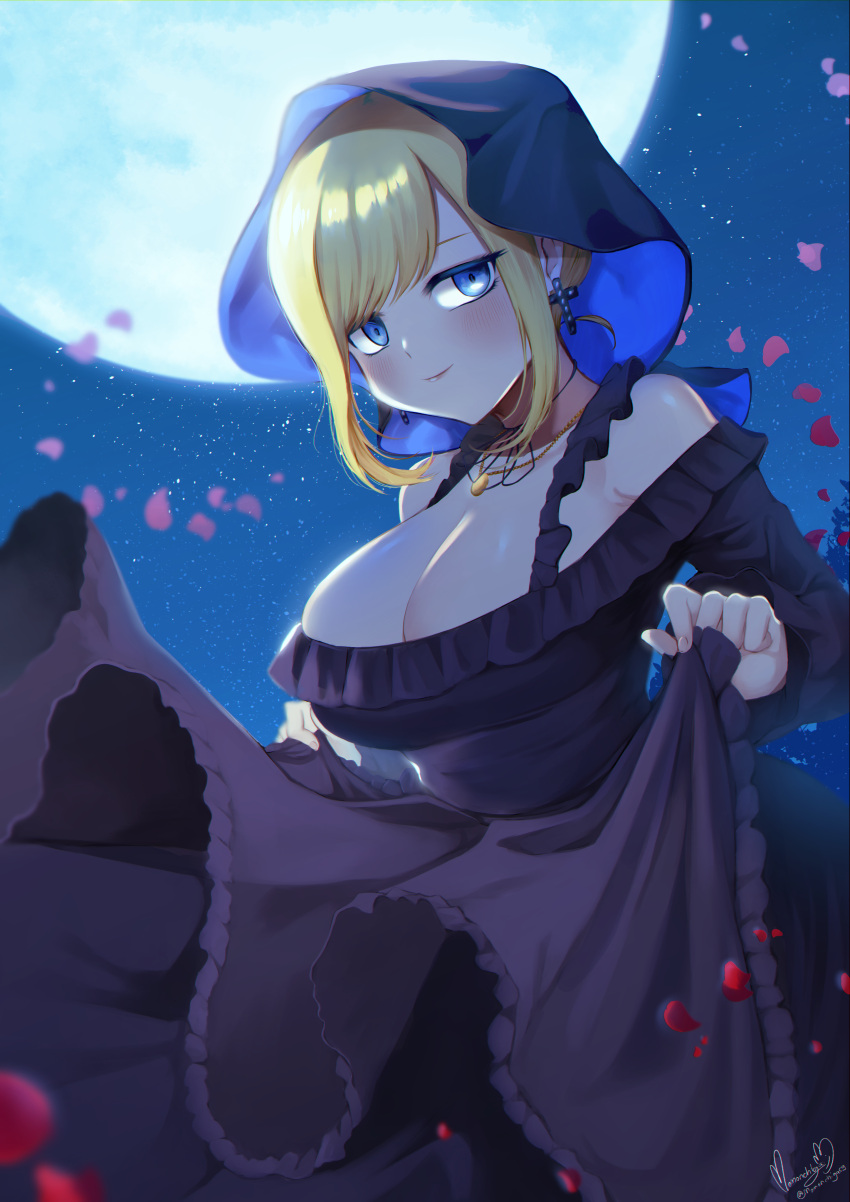 absurdres alice_lendrott apron bare_shoulders black_apron black_dress blonde_hair blue_eyes blush bonnet breasts choker cleavage cross cross_earrings curtsey dress earrings female frilled_dress frills full_moon gothic_lolita highres jewelry large_breasts lolita_fashion long_sleeves looking_at_viewer maid medium_hair momoko_nico moon necklace night night_sky off-shoulder_dress off_shoulder outdoors petals ribbon_choker shinigami_bocchan_to_kuro_maid sidelocks signature skirt_hold sky smile solo star_(sky) starry_sky swept_bangs twitter_username