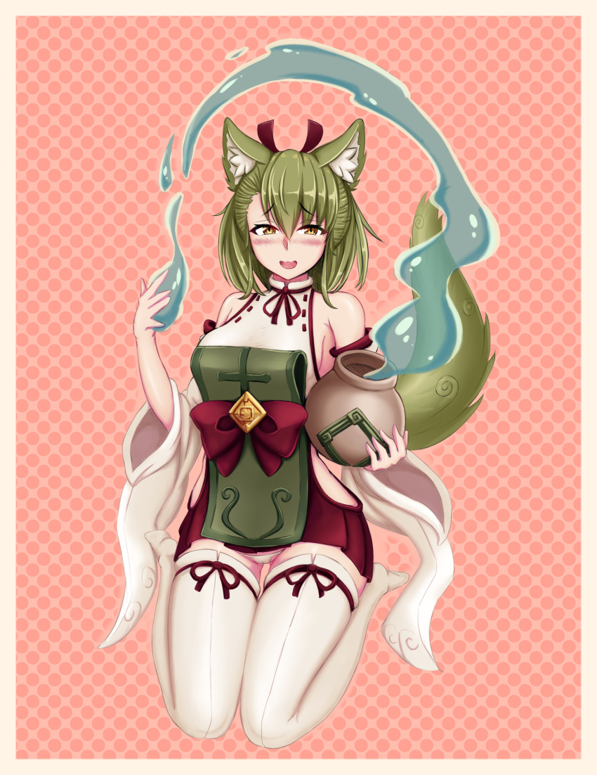 :d absurdres animal_ears bare_shoulders beige_legwear blush border breasts detached_sleeves eyebrows_visible_through_hair eyes_visible_through_hair fur green_hair hair_between_eyes highres holding_pot japanese_clothes kamaitachi_(monster_girl_encyclopedia) legs long_sleeves looking_at_viewer magic monster_girl monster_girl_encyclopedia open_mouth orange_eyes panties pot red_background sash seiza short_hair simple_background sitting smile tail thighhighs twintails underwear water wide_sleeves wlper