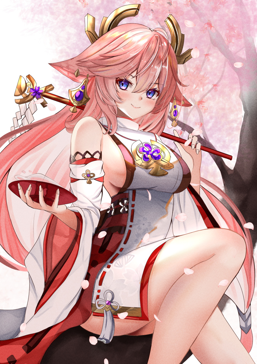 absurdres ahoge animal_ears bare_shoulders blush breasts cherry_blossoms closed_mouth detached_sleeves earrings falling_petals feet_out_of_frame female floppy_ears flower_knot fox_ears genshin_impact hair_between_eyes highres holding japanese_clothes jewelry large_breasts long_hair long_sleeves looking_at_viewer low_ponytail mitsu336 nontraditional_miko petals pink_hair purple_eyes red_skirt ribbon_trim shirt sideboob sidelocks sitting skirt sleeveless sleeveless_shirt smile solo tassel thighs tree very_long_hair white_shirt white_sleeves wide_sleeves yae_miko