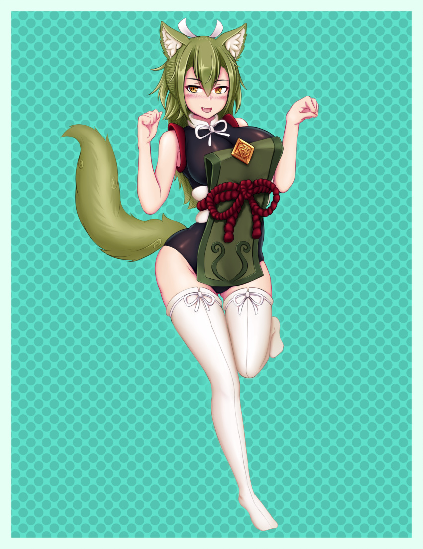 :d absurdres animal_ears bare_shoulders beige_legwear blush border breasts clenched_hands eyebrows_visible_through_hair eyes_visible_through_hair female fur green_background green_hair hair_between_eyes hair_ribbon highres japanese_clothes kamaitachi_(monster_girl_encyclopedia) large_breasts legs long_hair looking_at_viewer monster_girl monster_girl_encyclopedia open_mouth orange_eyes paw_pose ribbon sash sidelocks simple_background sleeveless smile solo standing standing_on_one_leg tail thighhighs white_ribbon wlper