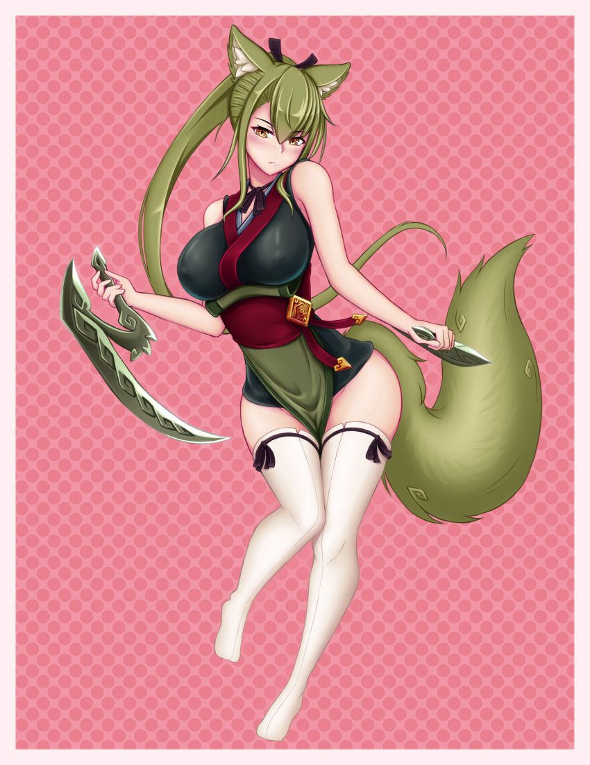 absurdres animal_ears arm_blade bare_shoulders beige_legwear black_ribbon blade blush border breasts closed_mouth expressionless eyebrows_visible_through_hair eyes_visible_through_hair female full_body fur green_hair hair_between_eyes hair_ribbon highres japanese_clothes kamaitachi_(monster_girl_encyclopedia) large_breasts legs long_hair looking_at_viewer monster_girl monster_girl_encyclopedia orange_eyes pelvic_curtain ponytail red_background ribbon sash simple_background sleeveless solo standing tail thighhighs weapon wlper